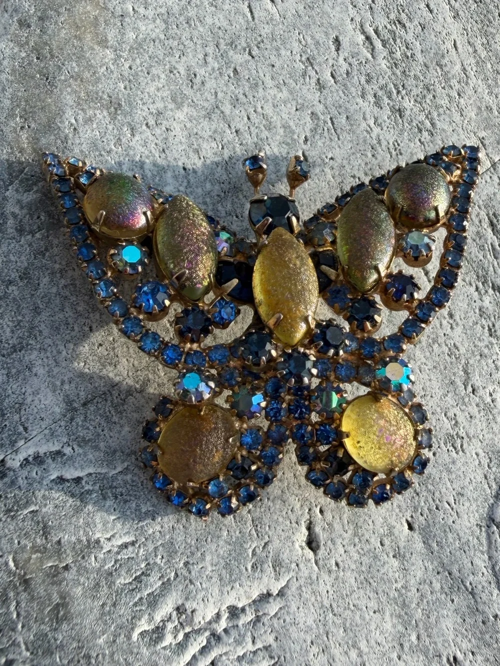 Vintage Blue Frosted Unique Crystal Butterfly Statement Brooch